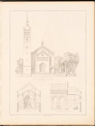 Katholische Kirche für 750 bis 800 Personen: Ansicht, Querschnitt, Längsschnitt (aus: Entwürfe zu Kirchen, Pfarr- und Schulhäusern, hrsg. von der Kgl. Preuß. Oberbaudeputation, 1845-1855)
