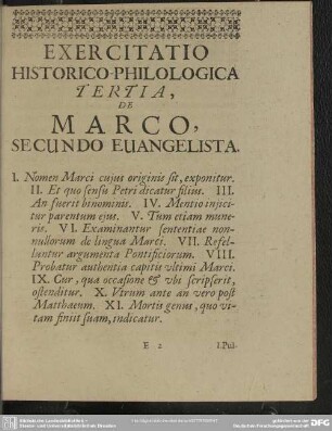 Exercitatio Historico-Philologica Tertia, De Marco, Secundo Evangelista