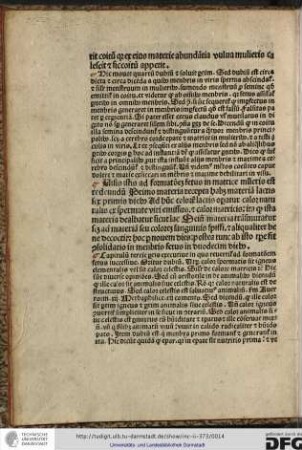[Commentum.] Capitulum tertie partis executive in quo revertitur ad formationem fetus successive oritur dubium, utrum calor spermatis sit igneus elemantalis vel sit calor celestis.