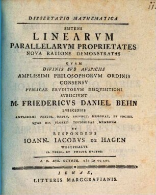 Dissertatio Mathematica Sistens Linearvm Parallelarvm Proprietates Nova Ratione Demonstratas