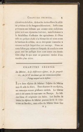 Chapitre Second. Du Mûrier, des ses différentes espèces, de ses propriétés, du sol & du climat qui lui conviennent selon l'usage auquel on le destine