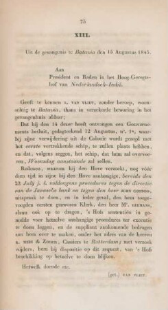 XIII. Uit de gevangenis te Batavia den 15 Augustus 1845
