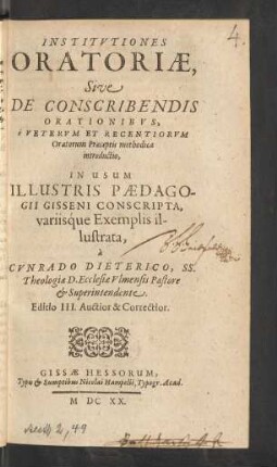 Institutiones Oratoriae, Sive De Conscribendis Orationibus, e Veterum Et Recentiorum Oratorum Praeceptis methodica introductio