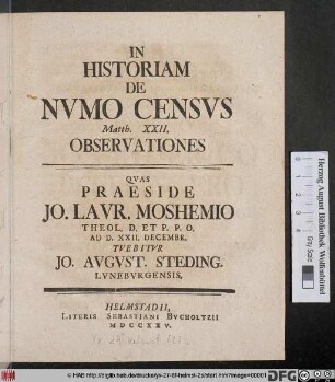 In Historiam De Nvmo Censvs Matth. XXII. Observationes