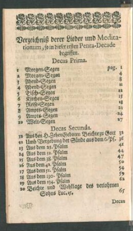Verzeichniß derer Lieder und Meditationum, so in dieser ersten Penta-Decade begriffen.