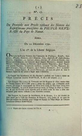 Precis Du Protocole aux Proces verbaux des Seances des Representans provisoires du Peuple Souverain du Pays de Namur. Seance. Du 22 Decembre 1792. L'an 1er de la Liberte Belgique