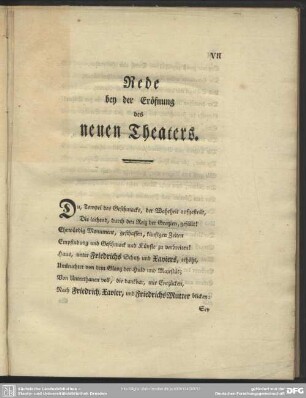 Rede bey der Eröfnung des neuen Theaters