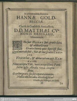 In obitum nobilis Matronae Hannae Goldbecciae