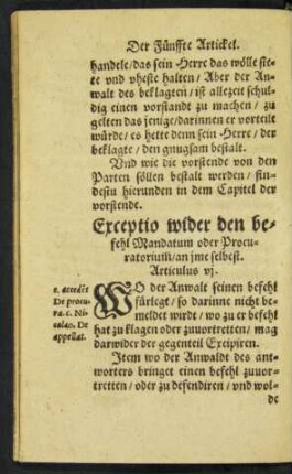 Exceptio wider den Befehl Mandatum oder Procuratorium ... Articulus vi.