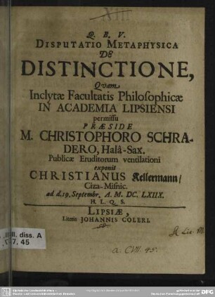 Disputatio metaphysica de distinctione