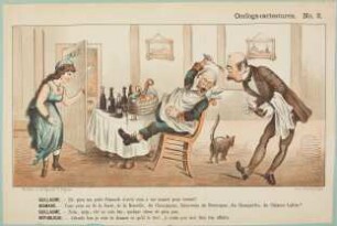 Oorlogs-caricaturen, Nr. 2. Gespräch zwischen Guillaume, Bismarck und der Republik