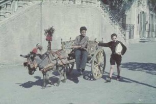 Reisefotos Italien. Sizilien. Taormina. Zwei Jungen mit einem mit historischen Szenen bemalten Eselskarren