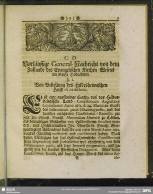 Vorläuffige General-Nachricht von dem Zustande des Evangelischen Kirchen-Wesens im Stifft Hildesheim
