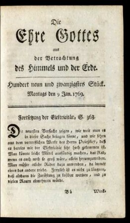 Hundert neun und zwanzigstes Stück. Montags den 9 Jan. 1769