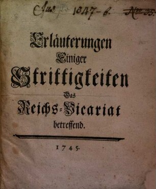 Erläuterungen Einiger Strittigkeiten Das Reichs-Vacariat betreffend
