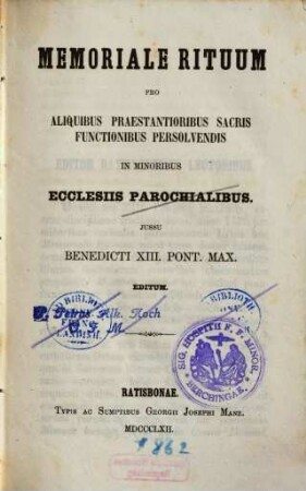 Memoriale rituum pro aliquibus praestantioribus sacris functionibus persolvendis in minoribus ecclesiis parochialibus