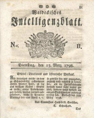No. 11, Dienstag, den 13. Merz 1798