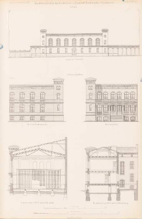 Dorotheenstädtische Realschule und Friedrich-Werdersches Gymnasium, Berlin: Turnhalle: Ansichten, Schnitte EF, GH (aus: Atlas zur Zeitschrift für Bauwesen, hrsg. v. G. Erbkam, Jg. 28, 1878)