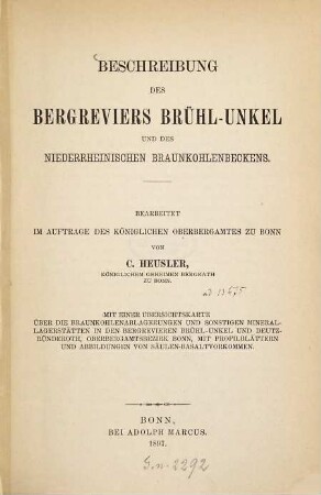 Beschreibung des Bergreviers Brühl-Unkel und des niederrheinischen Braunkohlenbeckens