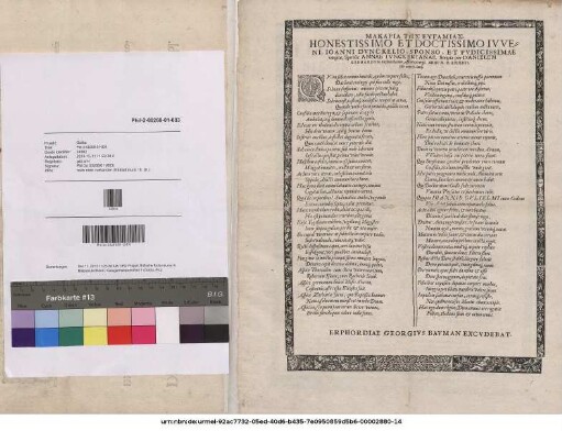 Makaria Tēs Eugamias. Honestissimo Et Doctissimo Ivveni, Ioanni Dvnckelio, Sponso, Et Pvdicissimae virgini, Sponsæ Annae Ivnckerianae