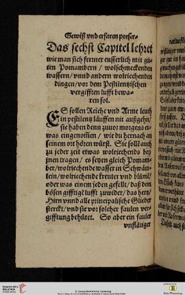 Das sechst Capitel lehret wie man sich ferner eusserlich mit güten Pomambern wolschmeckenden wassern unnd andern wolriechenden dingen von dem Pestilentzischen vergifften lufft bewaren sol