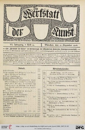 Inhalt / Arbeitskalender / Mitteilungen der Allgemeinen Deutschen Kunstgenossenschaft / Eröffnete Ausstellungen / Luafende Preisausschreiben