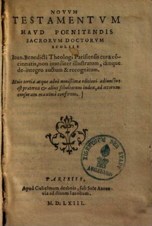Novvm Testamentvm Havd Poenitendis Sacrorvm Doctorvm Scoliis