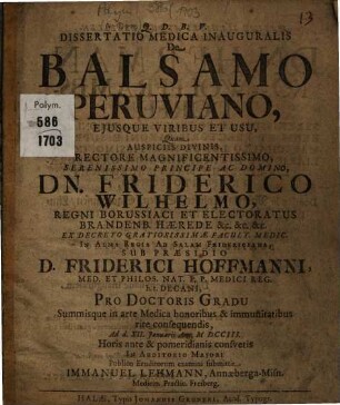 Dissertatio Medica Inauguralis De Balsamo Peruviano, Ejusque [Eiusque] Viribus Et Usu