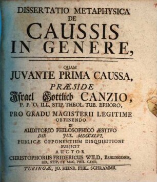 Diss. metaphys. de caussis in genere