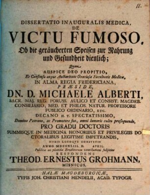 Dissertatio inauguralis medica de victu fumoso, Ob die geräucherten Speisen zur Nahrung und Gesundheit dienlich