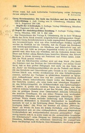 506-509 [Rezension] Kerschensteiner, Georg, Die Seele des Erziehers und das Problem der Lehrerbildung