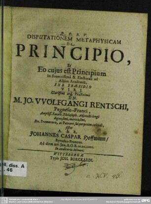 Disputationem metaphysicam de principio, et eo cujus est principium