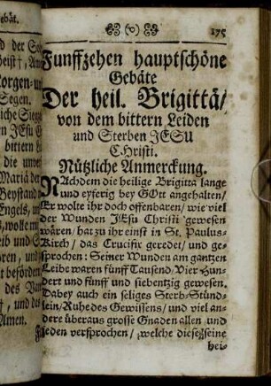 Funffzehen hauptschöne Gebäte der heil. Brigittæ, von dem bittern Leiden und Sterben Jesu Christi