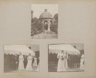 oben: Rundtempel im Garten von Schloss Baden-Baden links unten: Honoratioren "um die Kamera" rechts unten: Honoratioren "um die Kamera"