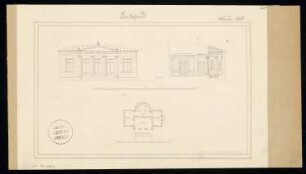 Badehaus Monatskonkurrenz Februar 1829: Grundriss, Aufriss Vorderansicht, Längsschnitt; 2 Maßstabsleisten