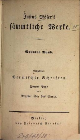 Vermischte Schriften von Justus Möser. Zweyter Theil : Mit vollständigem Register über alle Mösersche Schriften