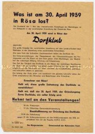 Flugblatt mit Aufruf des Bürgermeisters und der Nationalen Front in Rösa zur Gründung eines Dorfklubs am Vorabend des 1. Mai 1959