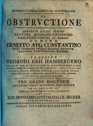 Dissertationem Medicam Inavgvralem De Obstrvctione