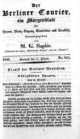 No. 913, Mittwoch den 17. Februar 1830