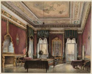 Salon, vermutlich im Palazzo Vendramini in Venedig, reich ausgestatteter Innenraum mit Wandbespannung, Spiegeln und Deckengemälde