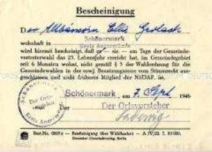 Bescheinigung über das Wahlrecht - Sachkonvolut