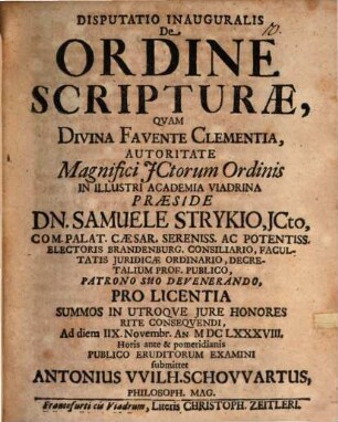 Disputatio Inauguralis De Ordine Scripturae