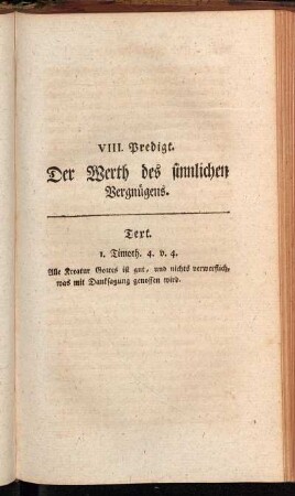 VIII. Predigt. Der Werth des sinnlichen Vergnügens