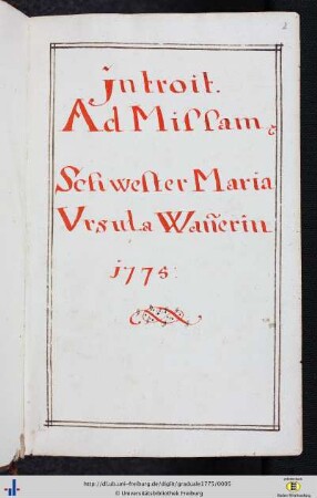 Introit Ad Missam Schwester Maria Ursula Wan[n]erin 1775