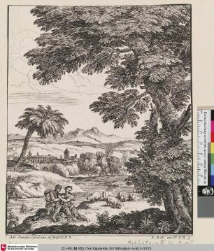 [Landschaft mit einem Liebespaar an einem Fluss, rechts davon eine Schafherde; Amorous Shepherd; Le berger amoureux]