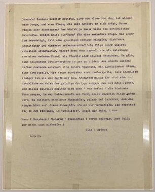 Bruno Taut ("Glas") an die "Gläserne Kette"