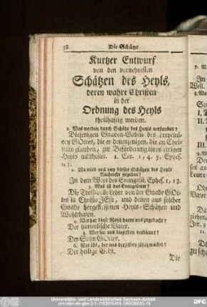 Kurtzer Entwurf von den vornehmsten Schätzen des Heyls, deren wahre Christen in der Ordnung des Heyls theilhaftig werden.