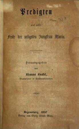 Predigten auf alle Feste der seligsten Jungfrau Maria