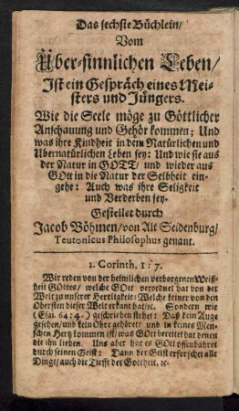 Das sechste Büchlein/ Vom Über-sinnlichen Leben ...