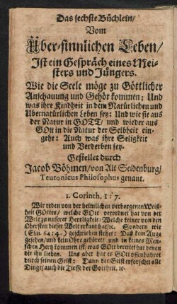 Das sechste Büchlein/ Vom Über-sinnlichen Leben ...